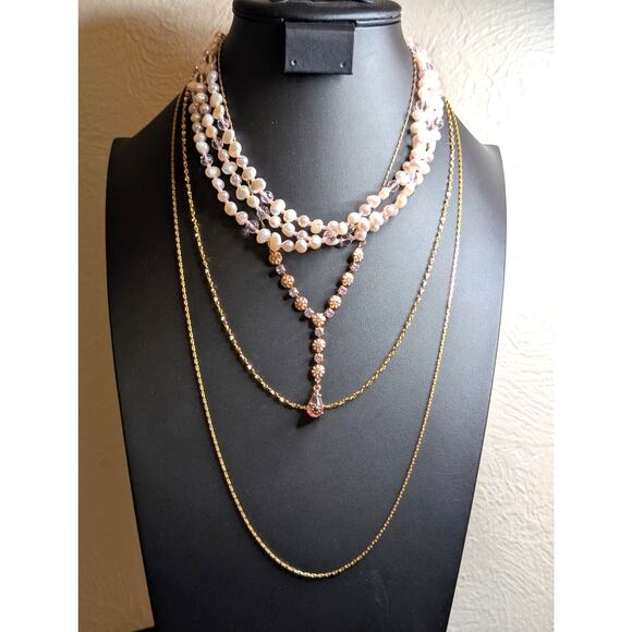 Layered Look Pink Pearl Gold Tone Chain Themed Four Necklace Lot - Picture 1 of 13